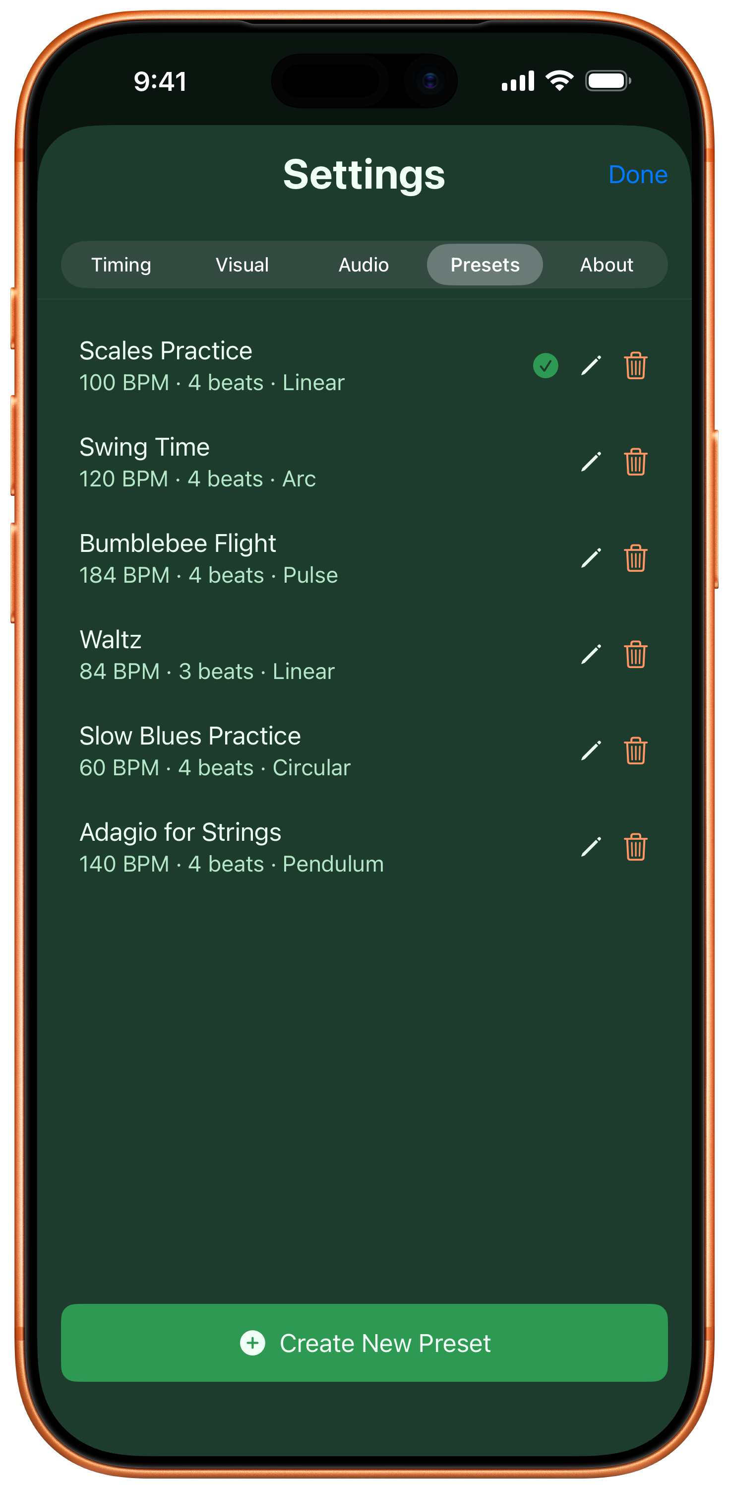 Settings page showing presets in mint
